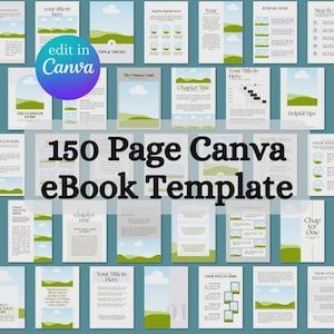 Op de afbeelding: Een verzameling Canva eBook-sjablonen met een ontwerp van 150 pagina's. De sjablonen hebben een lichtblauw en groen kleurenschema, met tekst als "Your Title in Here" en "Chapter Title". Een cirkelvormige afbeelding zegt "edit in Canva".