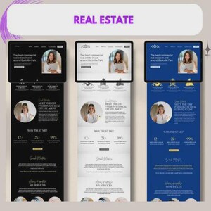 May include: Three digital tablets showcasing real estate website designs. The top tablet displays a website with a woman holding a folder. The bottom tablets show the same website design in black, white, and blue. The text "REAL ESTATE" is at the top.