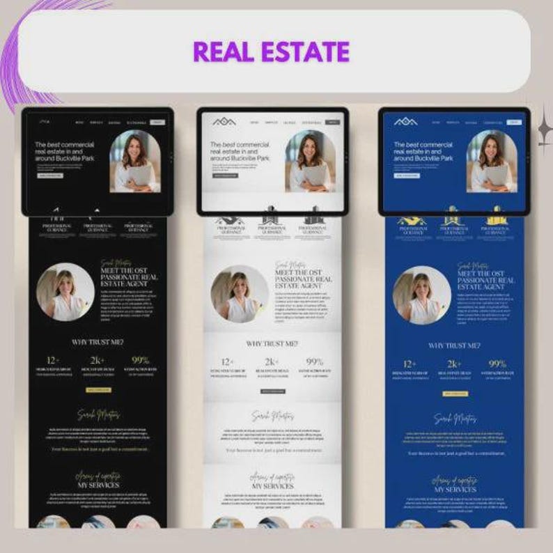 May include: Three digital tablets showcasing real estate website designs. The top tablet displays a website with a woman holding a folder. The bottom tablets show the same website design in black, white, and blue. The text "REAL ESTATE" is at the top.