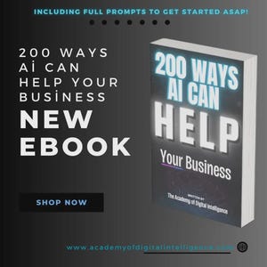 Peut inclure: Image promotionnelle pour un nouvel ebook intitulé "200 Ways AI Can Help Your Business". La couverture du livre est blanche avec du texte bleu et violet. Le fond est gris foncé avec le texte "Shop Now" et l'adresse du site web.