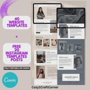 May include: Digital design templates for websites and Instagram. The image displays website layouts on tablets, with text reading "40 Website Templates" and "Free 20 Instagram Templates Posts". The design is fully editable on Canva.