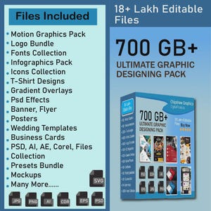 Peut inclure: Image promotionnelle pour un pack de conception graphique. L'image présente une liste de fichiers inclus, tels que des graphiques animés, des logos et des modèles. Le pack comprend plus de 700 Go de fichiers et plus de 18 lakh de fichiers modifiables.