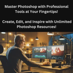Peut inclure: Image promotionnelle pour la formation Photoshop. Le texte se lit comme suit : "Maîtrisez Photoshop avec des outils professionnels à portée de main ! Créez, modifiez et inspirez-vous avec des ressources Photoshop illimitées !" Une personne travaille sur un ordinateur avec deux moniteurs.
