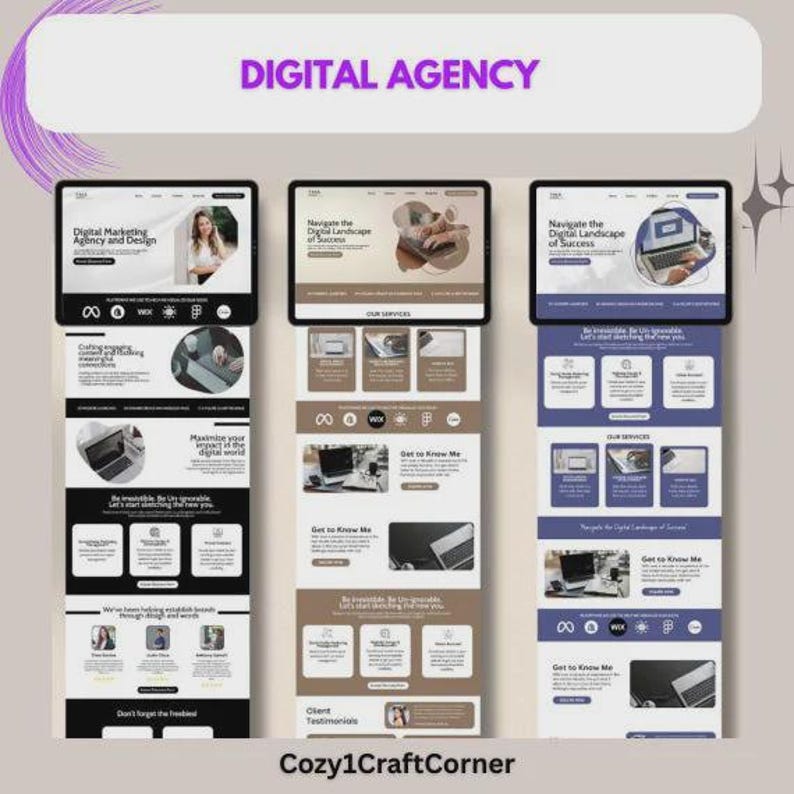 May include: Three digital tablets showcasing website designs. The top tablet displays "Digital Marketing Agency and Design." The other two tablets show "Navigate the Digital Landscape of Success." The image includes the text "DIGITAL AGENCY."