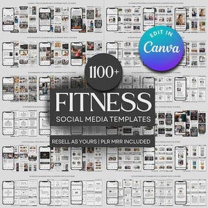 Può includere: Immagine promozionale che mostra oltre 1100 modelli di social media per il fitness. Il design include mockup di schermi di telefoni cellulari che mostrano vari layout di contenuti. Il testo include "FITNESS SOCIAL MEDIA TEMPLATES" e "RESELL AS YOURS | PLR MRR INCLUDED".