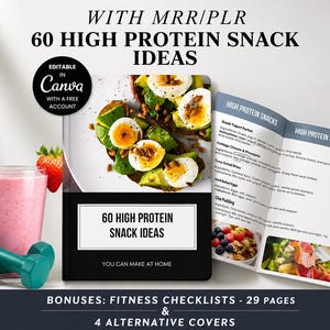 Peut inclure: Image promotionnelle pour une alimentation saine avec le texte "60 HIGH PROTEIN SNACK IDEAS". Elle présente un smoothie, des haltères, un livre de cuisine et une assiette de nourriture avec des œufs et de l'avocat. Le texte "BONUSES: FITNESS CHECKLISTS - 29 PAGES & 4 ALTERNATIVE COVERS" est également inclus.