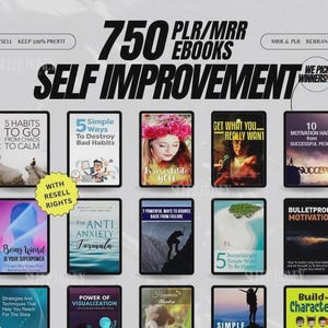 Puede incluir: Imagen promocional que muestra una colección de 750 libros electrónicos PLR/MRR centrados en el automejoramiento. La imagen presenta varias portadas de libros electrónicos con títulos como "5 Hábitos para pasar del caos a la calma" y "Obtén lo que realmente quieres".