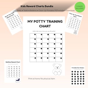 Op de afbeelding: Een bundel afdrukbare beloningskaarten voor kinderen. De hoofdtabel heet "My Potty Training Chart" met een raster voor sterren. Bevat kaarten voor tandenpoetsen, opruimen en bedtijd. Inclusief sterstickers.