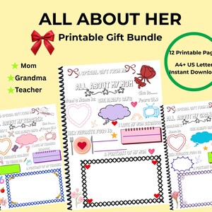 Può includere: Un pacchetto regalo stampabile intitolato "ALL ABOUT HER" con pagine per Mamma, Nonna e Insegnante. Il design include un fiocco rosso, elementi floreali e spazio per la personalizzazione. Include 12 pagine stampabili, A4+ US Letter, download immediato.