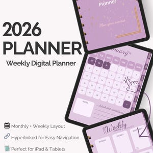 Peut inclure: Agenda numérique 2026 avec une mise en page hebdomadaire et mensuelle, hyperliée pour une navigation facile. Conçu pour iPad et tablettes, compatible avec GoodNotes. Couverture violet clair avec "2026 Planner".