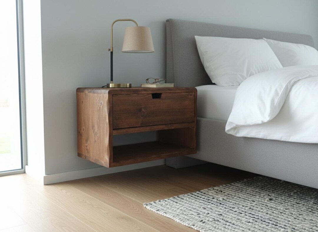 Solid Wood Floating Nightstand With Drawer, Rustic Bedside Table - Etsy