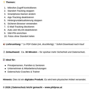K&ouml;nnte beinhalten: Werbung f&uuml;r ein digitales Produkt mit zehn Themen zum Datenschutz, wie die Kontrolle des Mikrofons und das Stoppen der Standortverfolgung. Der Text erw&auml;hnt auch eine PDF-Datei, einen Zeitaufwand von 30 Minuten und Zielgruppen wie Privatpersonen und Unternehmen.