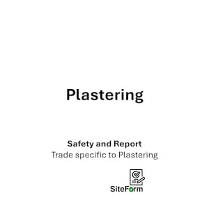 Op de afbeelding: Witte afbeelding met het woord "Plastering" in vette zwarte letters. Daaronder staat de tekst "Safety and Report" en "Trade specific to Plastering." Het SiteForm-logo staat onderaan.
