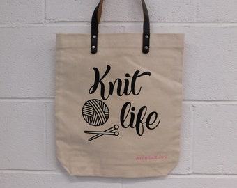 Knit life tote bag for crafts shopping storage