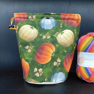 May include: A green drawstring bag with a white and orange pumpkin pattern. The bag is filled with colourful yarn.