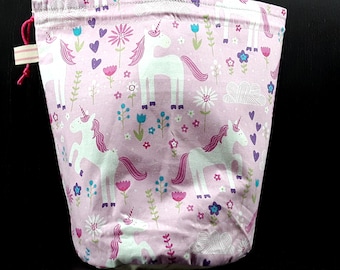R/M/S/W/DPN Pink unicorn project bag for knitting/crochet/crafts