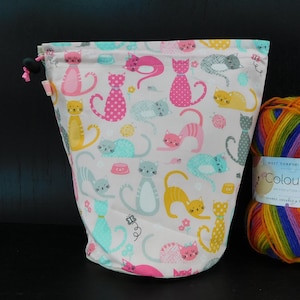 R/M/S Pink cats and yarn project bag for knitting/crochet/crafts