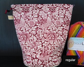 R/M/S/W William Morris Maroon Birds project bag for knitting/crochet/crafts