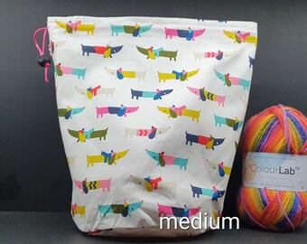 Sock wedges only Dachshunds in jumpers project bag for knitting and crochet