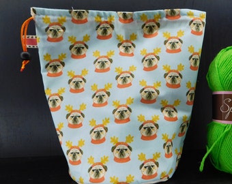 R/M/S/W/DPN Pugs in antlers project bag for knitting/crochet/crafts