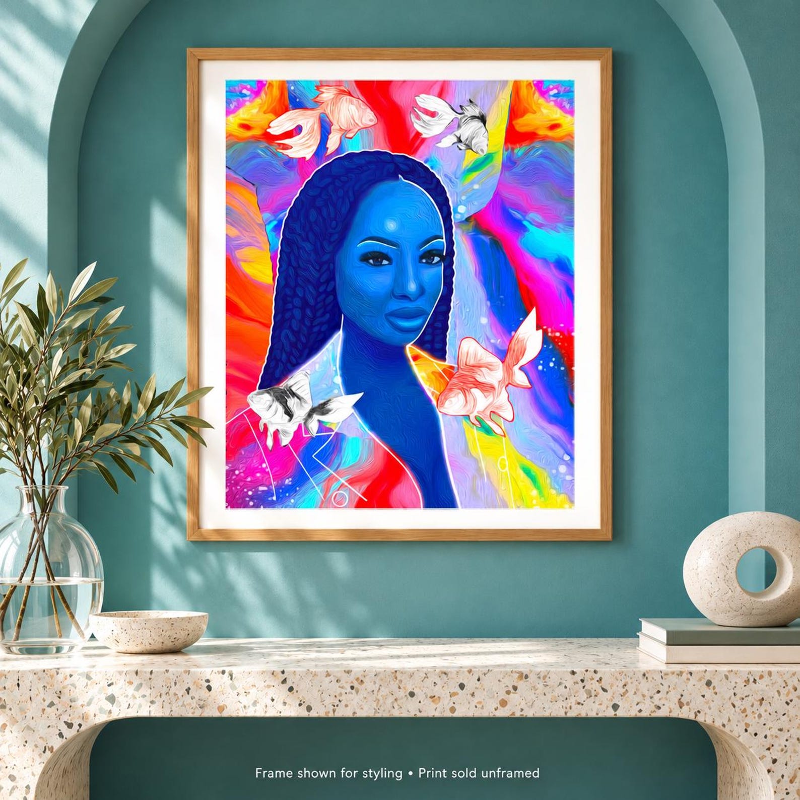 Black Woman Portrait Art Print: Colorful Blue Fish Poster, Unframed