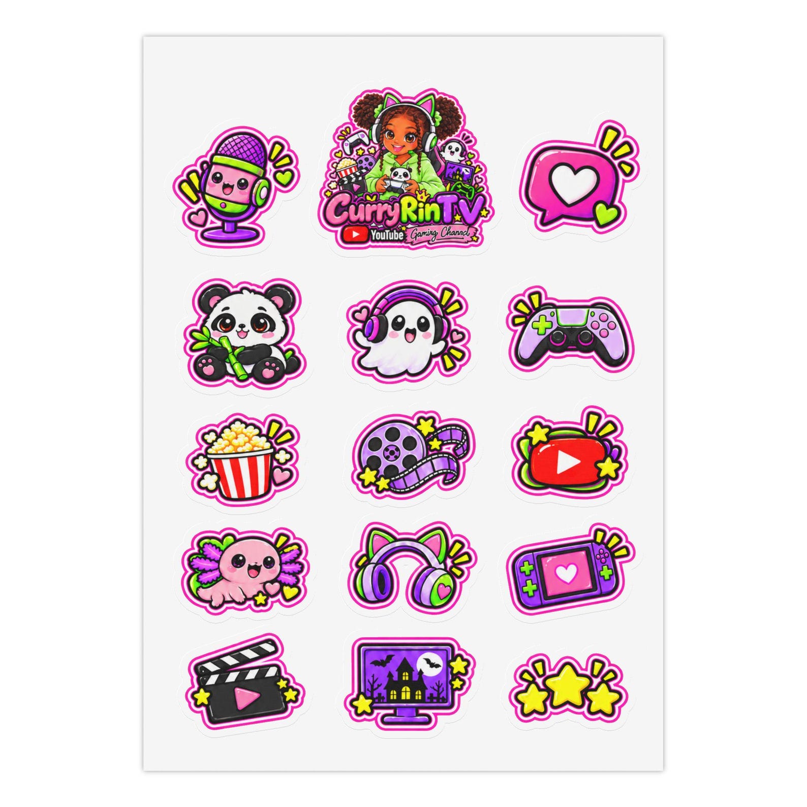 Glossy Gamer Sticker Sheet, Panda & Axolotl, 15 Designs – Curry Rin TV