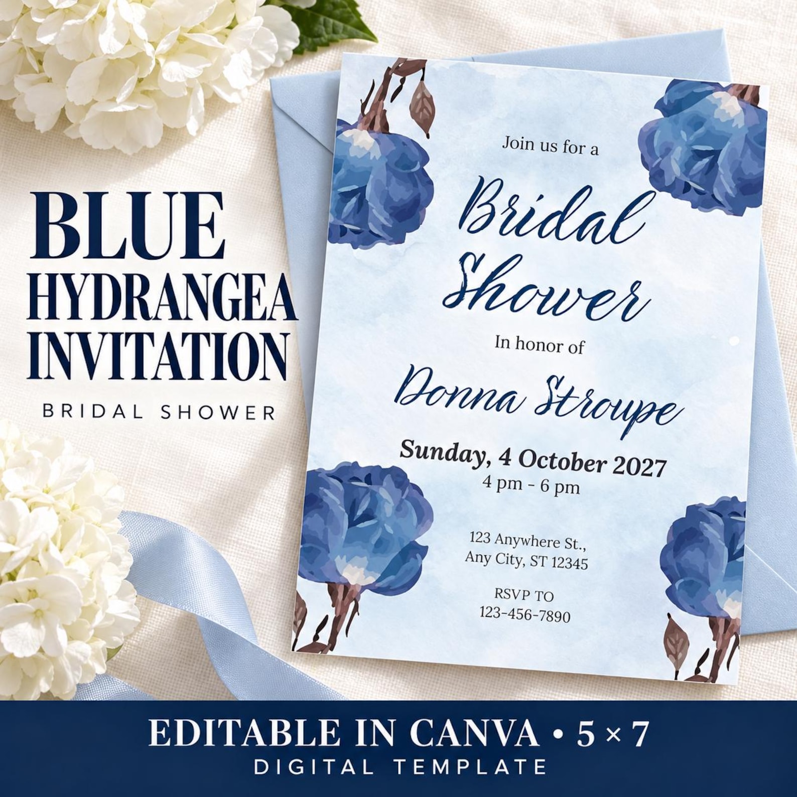 Blue Hydrangea Bridal Shower Invitation: Editable 5x7 Canva Template