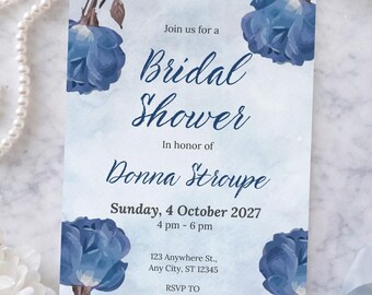 Blue Hydrangea Bridal Shower Invitation, Watercolor Floral Canva Template (Digital Download 5x7)