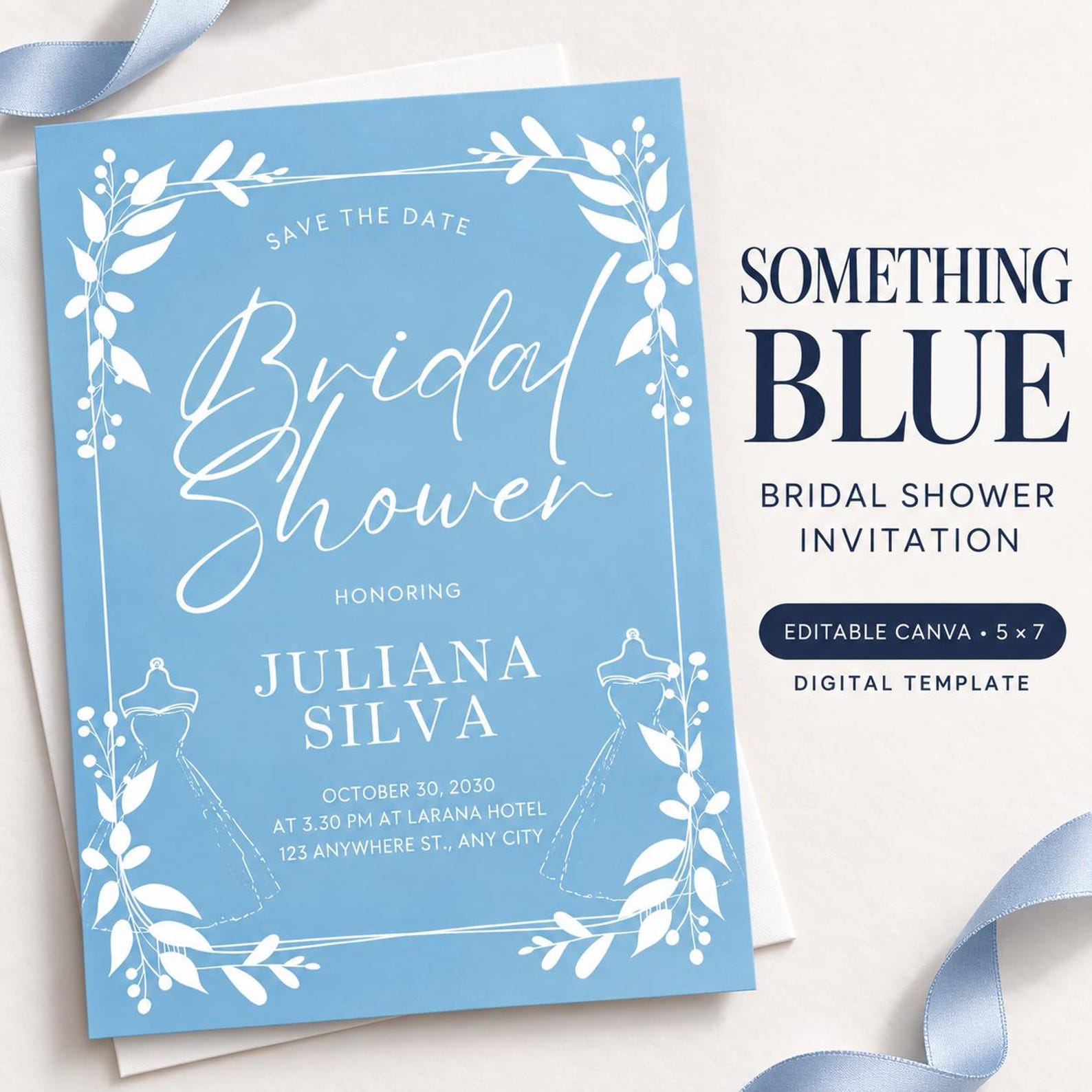 Something Blue Bridal Shower Invitation: Editable 5x7 Floral Canva Template