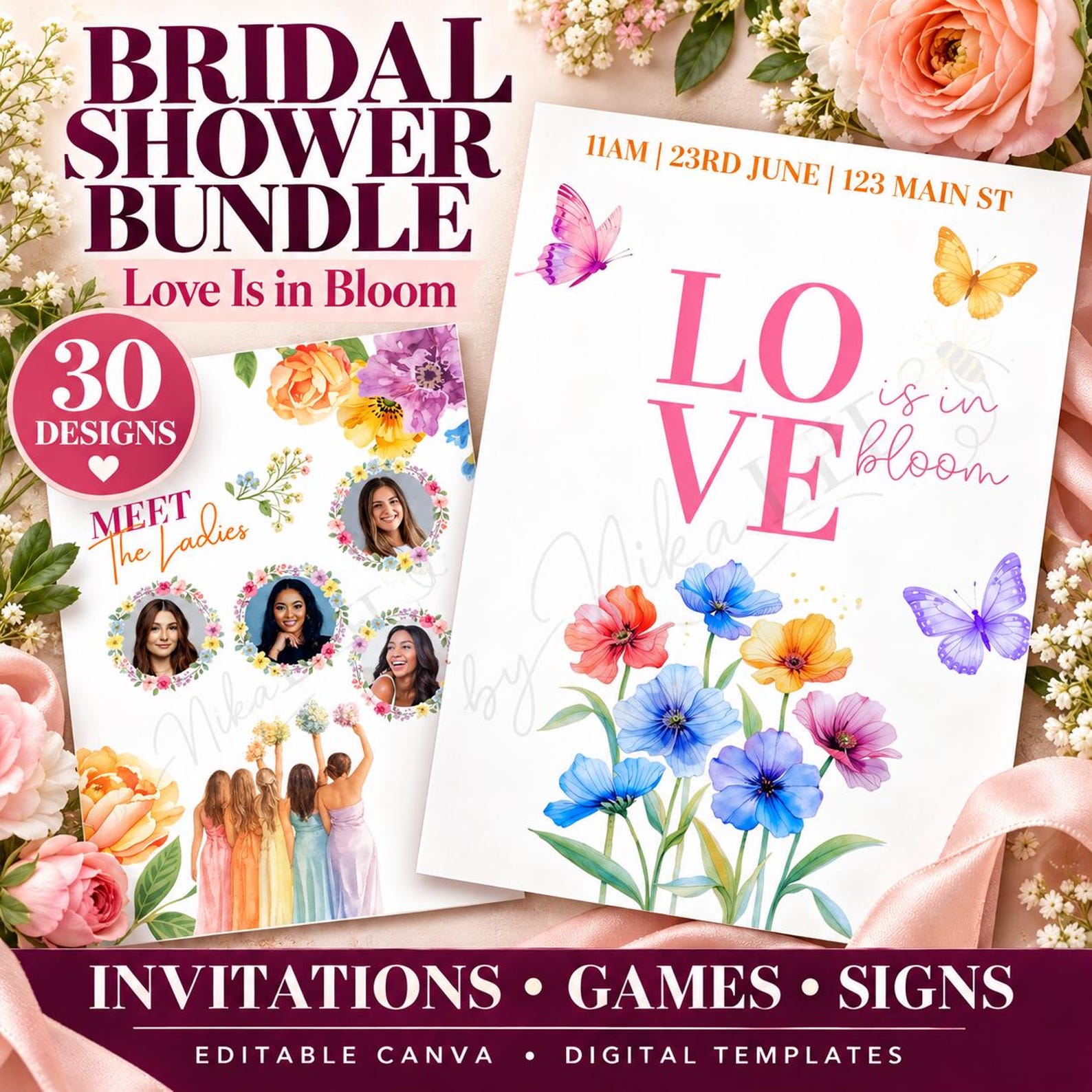 Love Is in Bloom Bridal Shower Bundle: Editable Canva Invitation, Games and Signs
