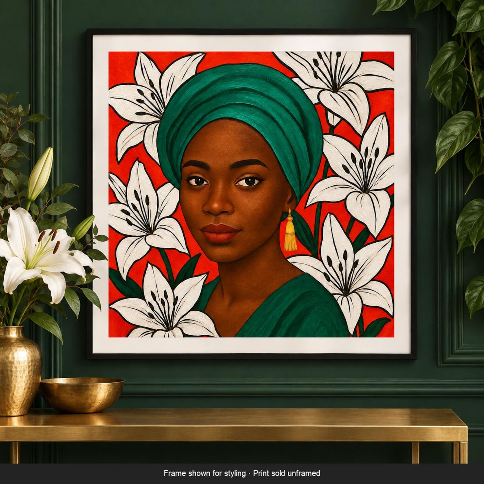 Black Woman Art Print: Green Headwrap and White Lilies, Unframed Square Poster
