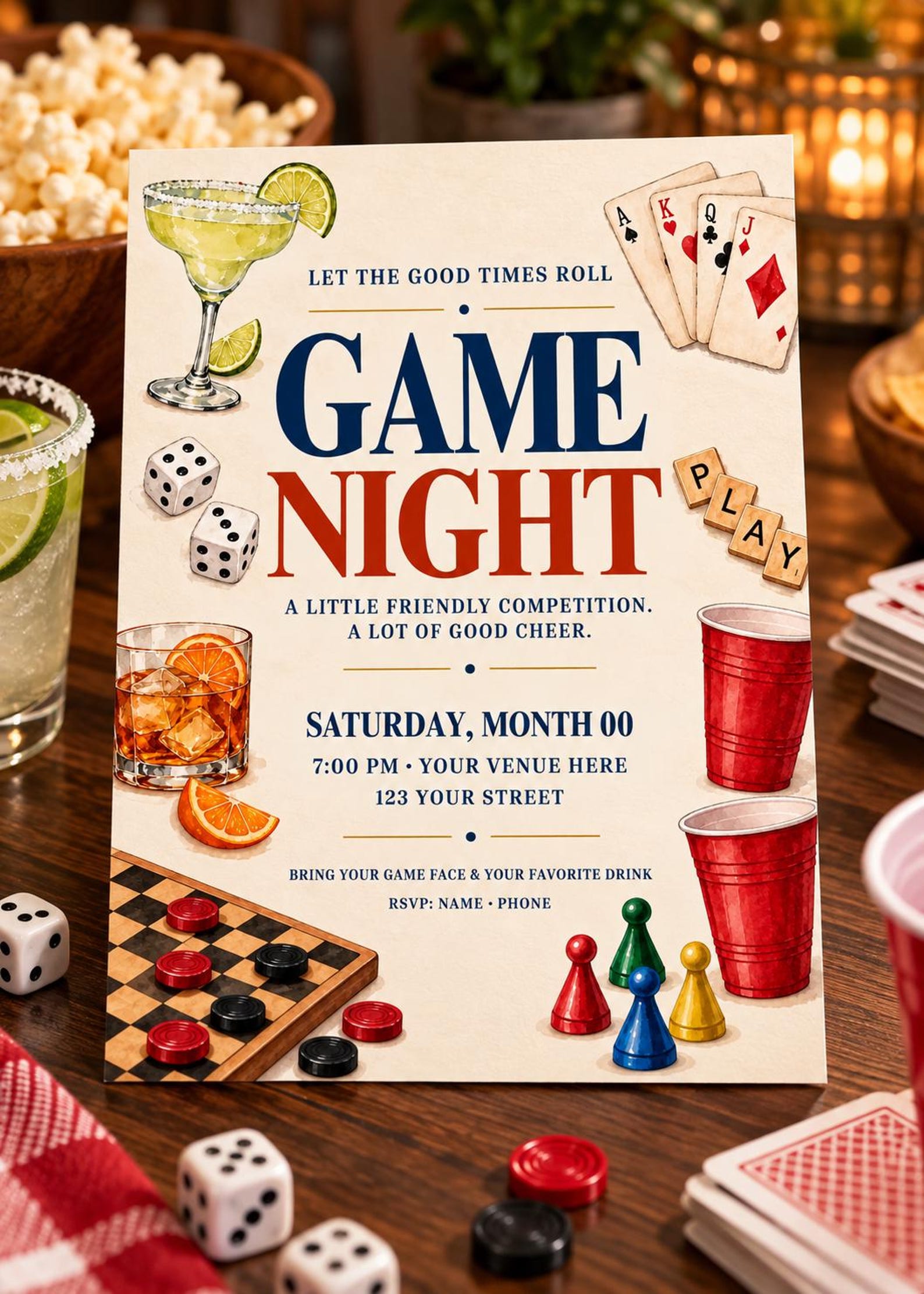 Game Night Invitation Template: Editable 5x7 Canva Invite with Watercolor Board Games and Cocktails