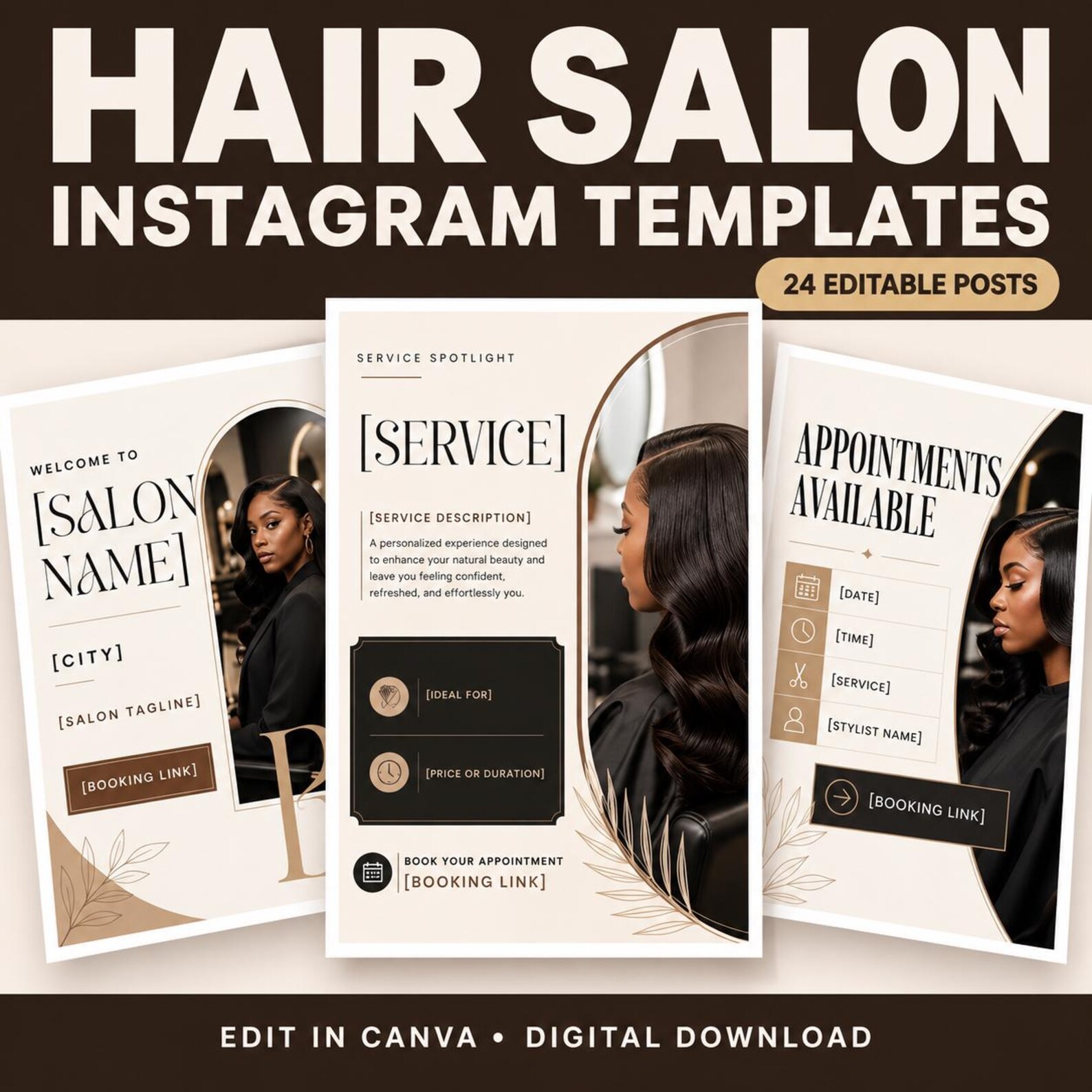 Hair Salon Instagram Templates: 24 Editable Canva Posts + Matching Captions