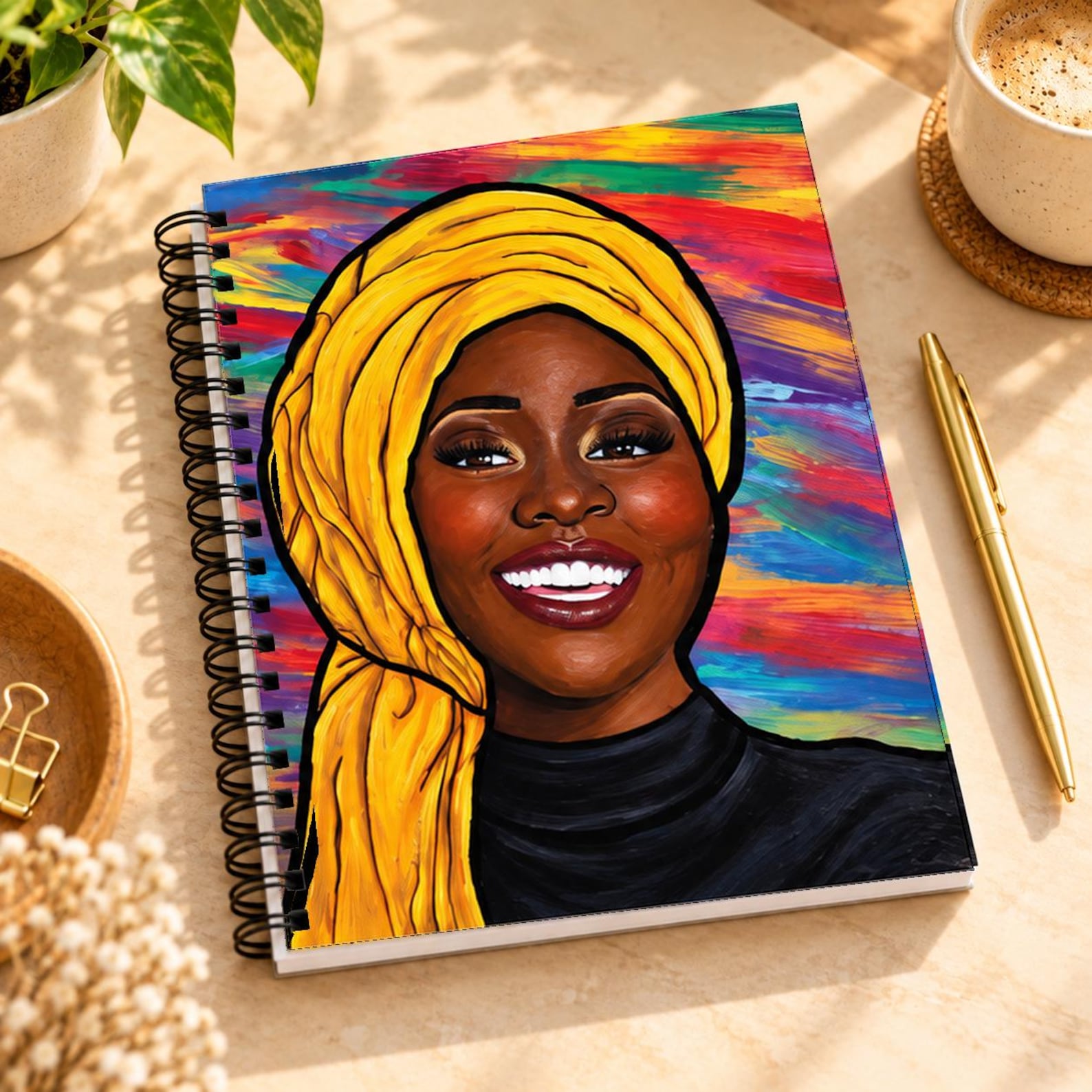 Golden Headwrap Art Journal, Black Woman Spiral Notebook, 6x8 Lined Pages