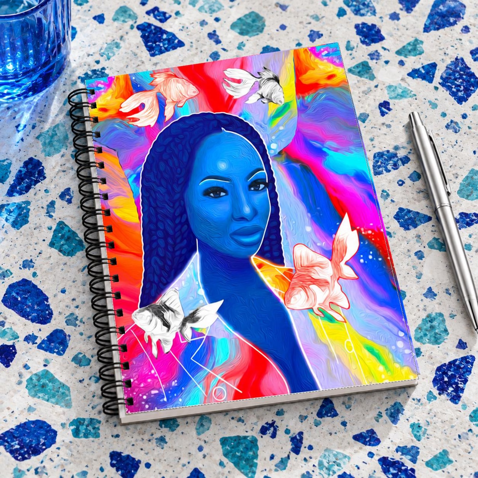 Black Woman Portrait Spiral Notebook: 6x8 Lined Journal, Blue Fish