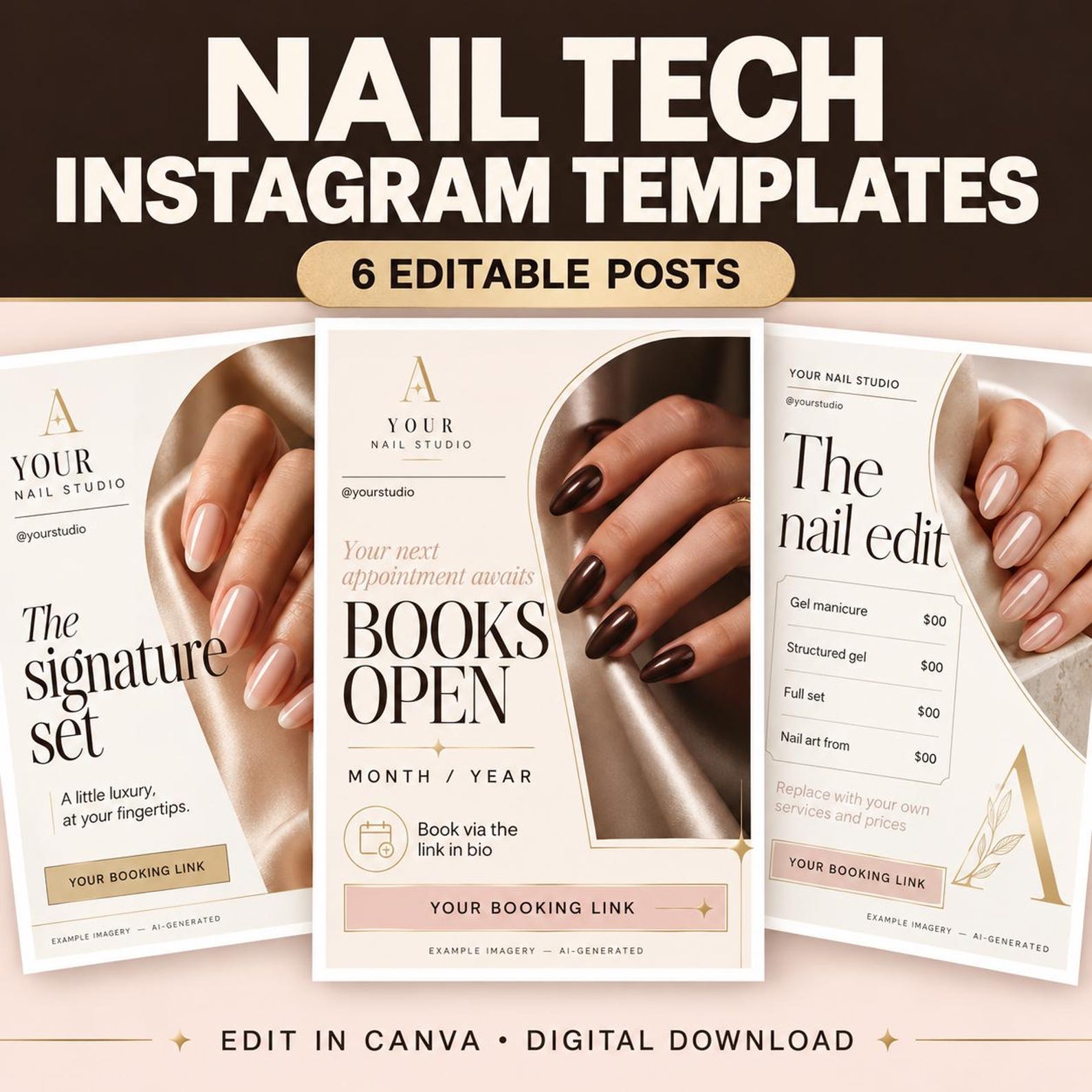 Luxury Nail Tech Instagram Templates, Beige Canva Bundle (Digital Download)