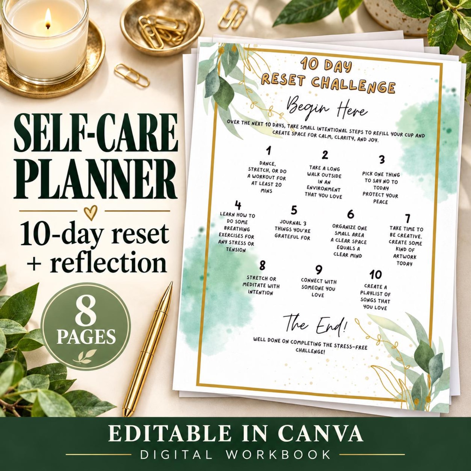 Self-Care Planner and Reflection Journal: Editable Canva 10-Day Reset Workbook
