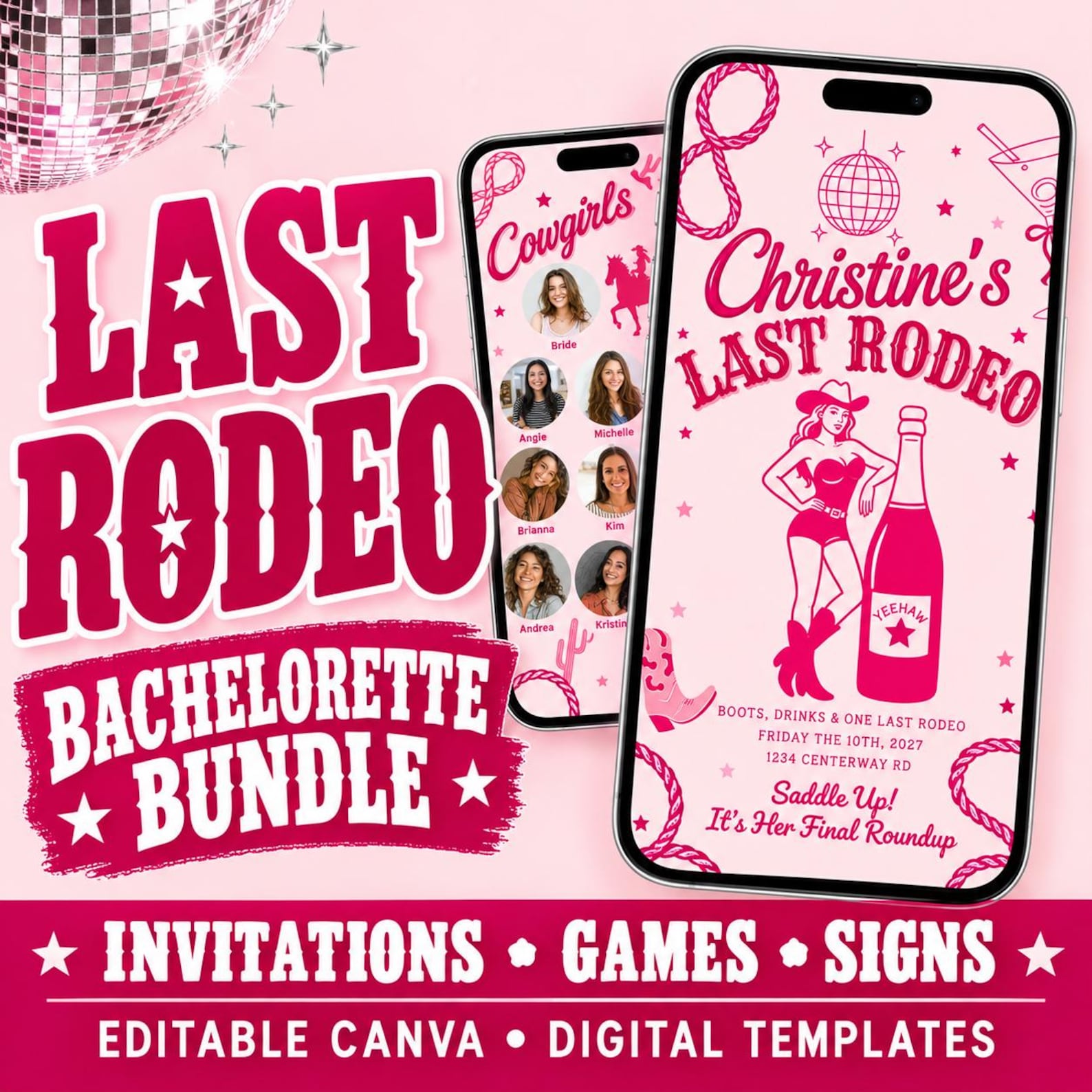 Last Rodeo Bachelorette Bundle: Editable Canva Invitations, Games and Signs