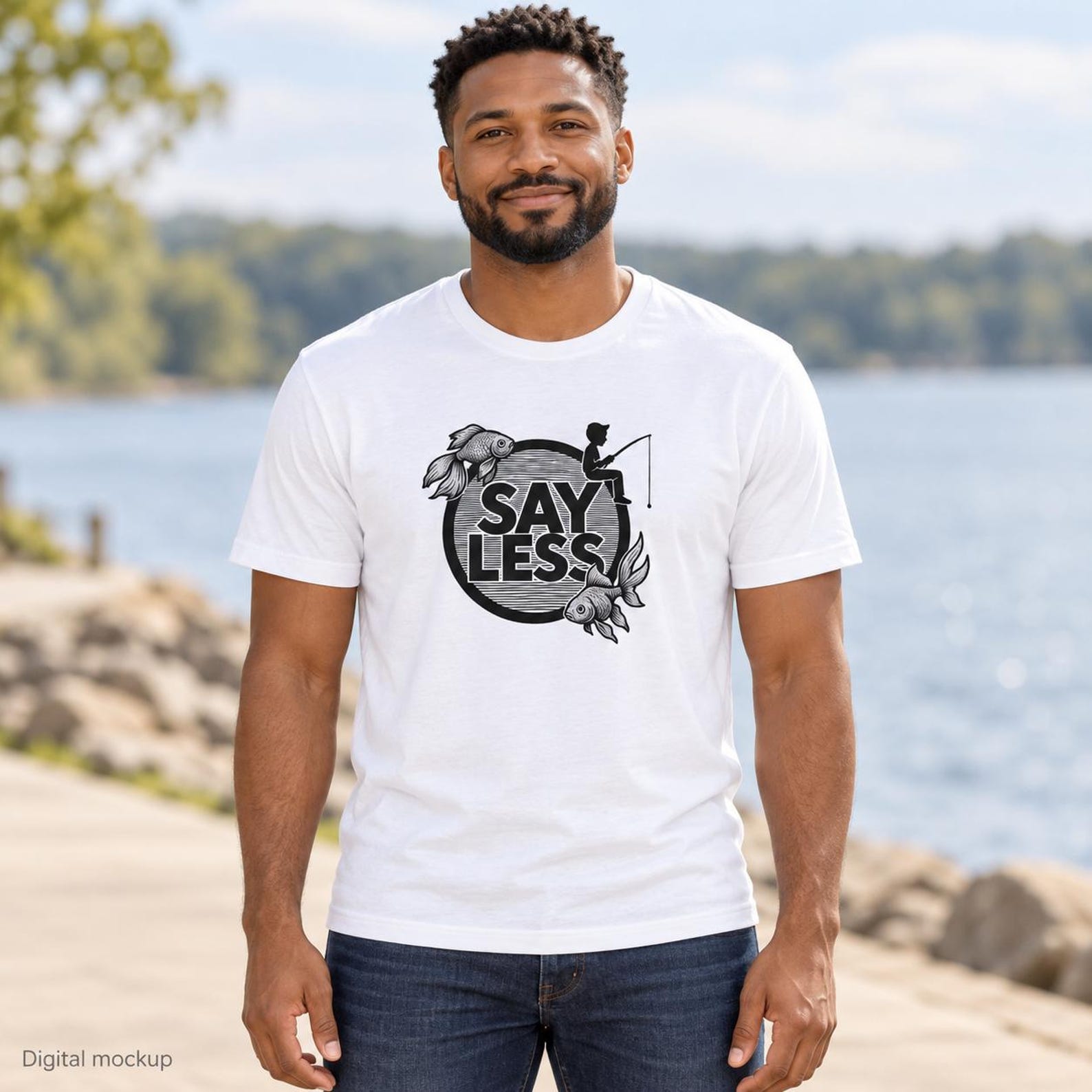 Gone Fishing Unisex T-Shirt: Black and White Say Less Graphic