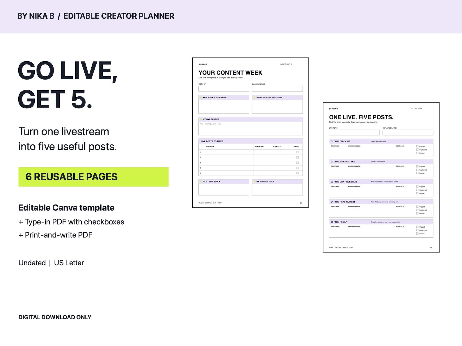Content Creator Planner, Editable Canva Template, Fillable PDF, Printable Streamer Schedule and Clip Tracker