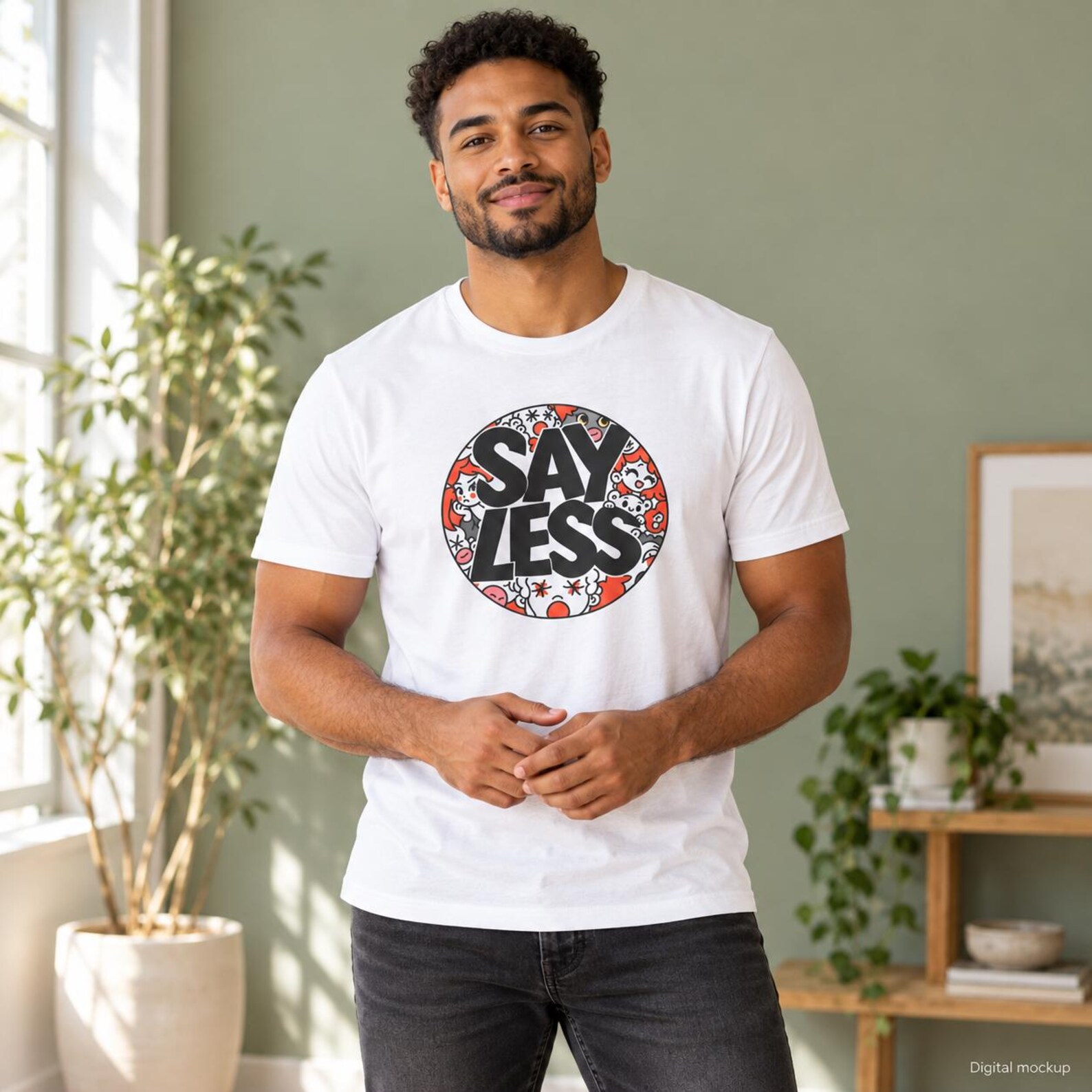 Coral Doodle Say Less Unisex T-Shirt: Cartoon Circle Graphic