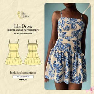 Peut inclure: Un patron de couture numérique pour la robe Isla, présentant une robe courte crème avec un imprimé floral bleu, des bretelles fines et une jupe à taille basse. Le document inclut des dessins techniques du devant et du dos, ainsi que des instructions.
