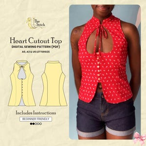 May include: A red sleeveless top with a white pattern, featuring a heart-shaped cutout at the neckline, a tie closure, and a front button placket. The text reads: The Stitch, Heart Cutout Top, DIGITAL SEWING PATTERN (PDF), A0, A3 & US LETTERSIZE.