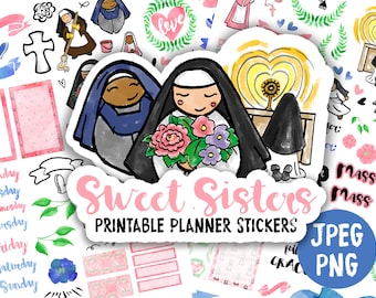 Printable Planner Stickers Sweet Sisters instant download Catholic prayer journal schedule calendar cute nuns religious sisters pink blue