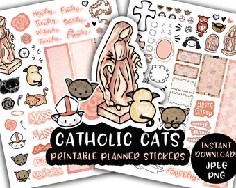Printable Planner Stickers Catholic Cats ROSE GOLD instant download Classic HP Catholic prayer journal schedule calendar cute kitten pink