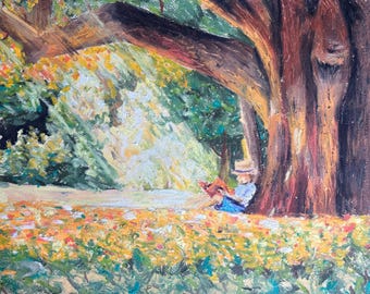 Original Oil Pastel Painting, Sunlit Oak Tree Landscape, Peaceful Nature Wall Art (11x14)