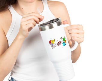 ハッピーな漫画の顔が描かれた40オンスのトラベルマグ | かわいいカラフルなキャラクターコラージュ