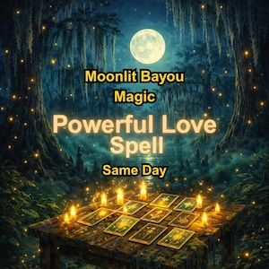 Puede incluir: Imagen de temática mística, con una luna llena sobre un pantano. El texto dice "Moonlit Bayou Magic, Powerful Love Spell, Same Day." Una mesa de madera tiene velas encendidas y cartas del tarot.