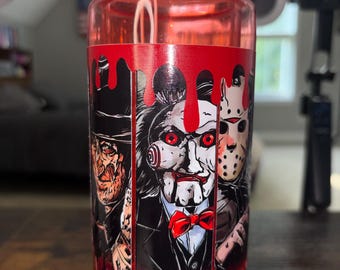 Horror Movie Snow Globe Tumbler 20oz, Cateye Waterfall Cup, Halloween Iced Coffee Tumbler, Handmade Acrylic Glitter Drinkware