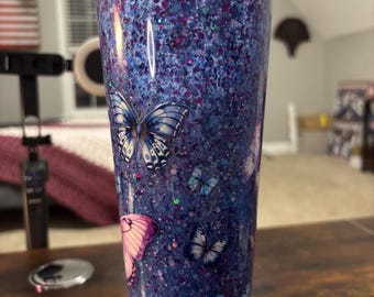 Butterflies Moonscape Snow Globe Tumbler | Handmade 20oz Acrylic Snowglobe Cup | Butterfly Gift